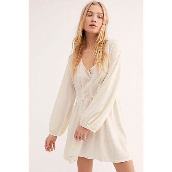 NEW FREE PEOPLE FP BEACH Sz M PAPAYA PULLOVER MINI SHIRT DRESS TUNIC IVORY - Picture 1 of 3